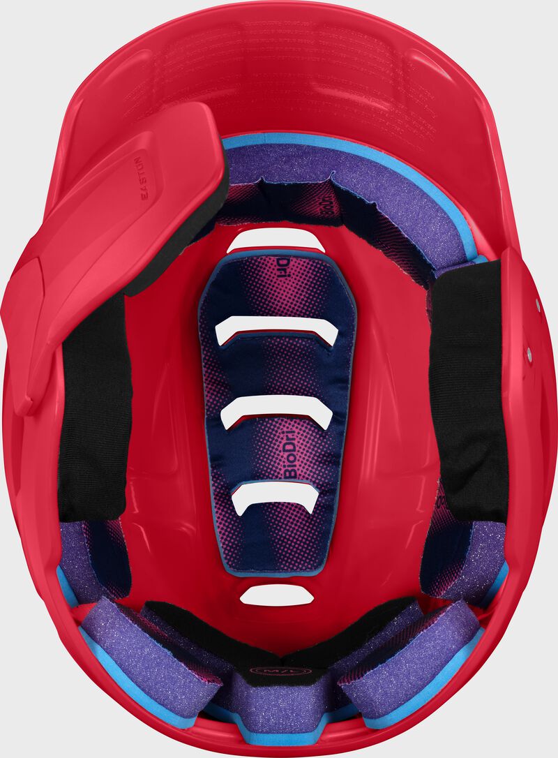 Inside padding of a red Easton Z50 batting helmet with mult-adjust jaw guard