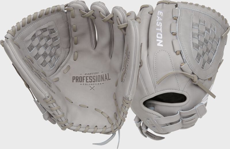 Grey back of an Easton Professional Collection Color Splash 12.5” fastpitch glove
