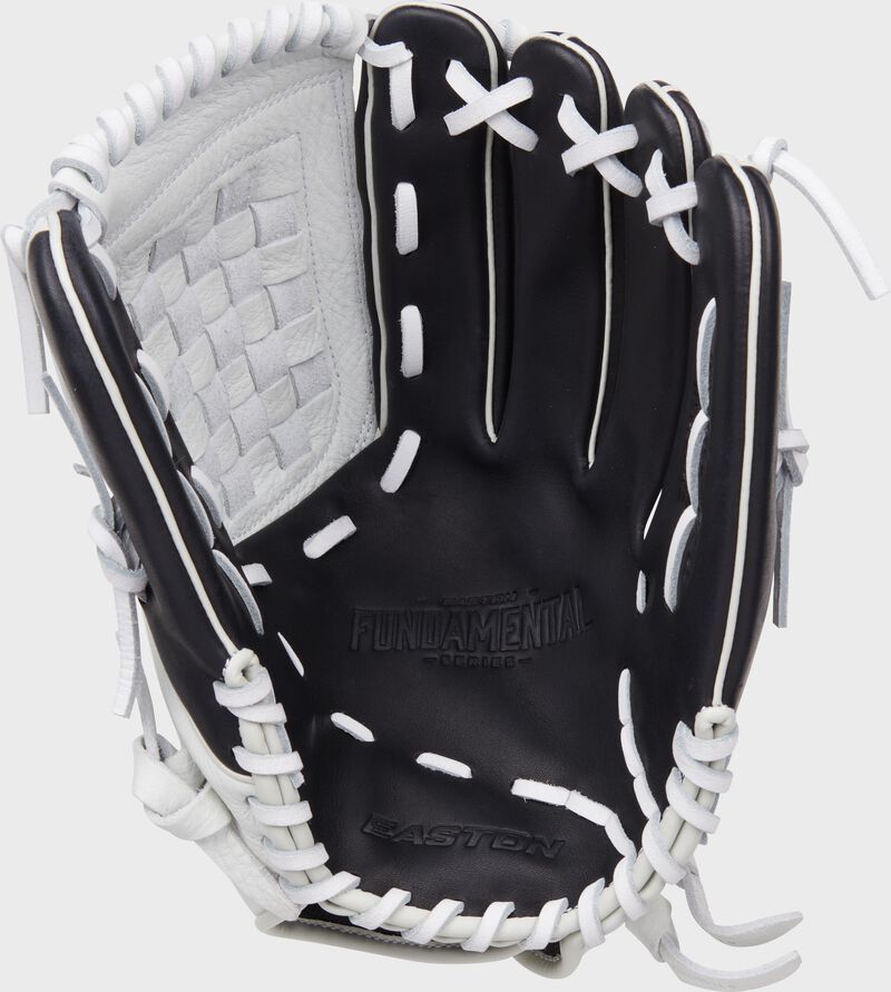 Black palm of a black/white Easton Fundamental Fastpitch 12.5-Inch fastpitch softball glove with white laces