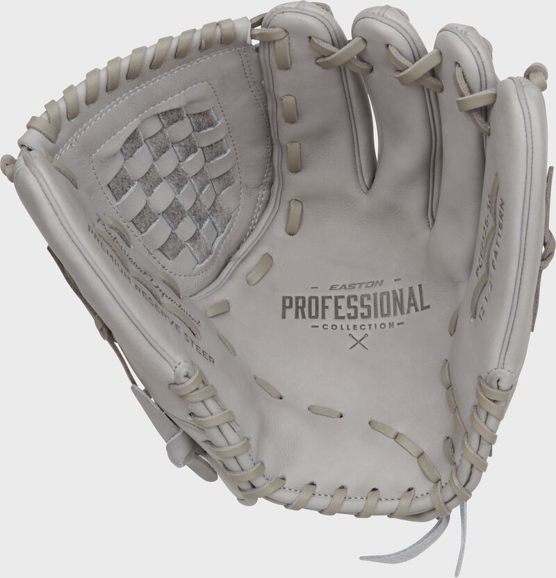 Grey palm of an Easton Professional Collection Color Splash fastpitch glove with grey laces