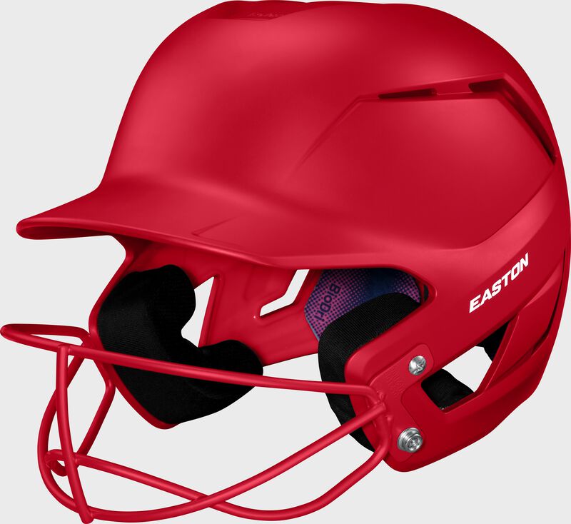 Front left of a scarlet Easton Z50 fastpitch batting helmet with the Screamin' E logo removed from the forehead loading=