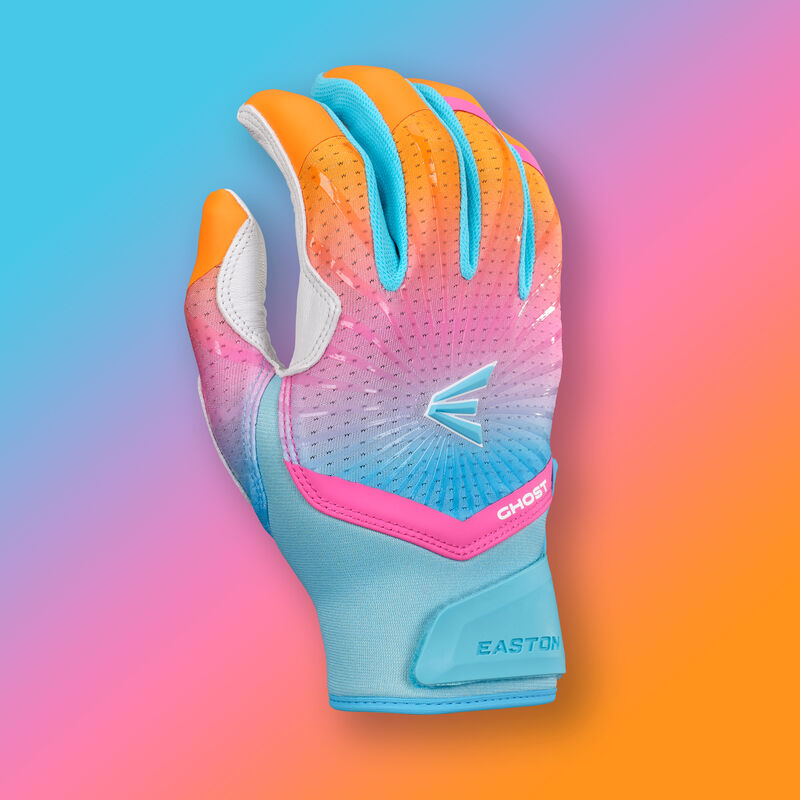 Back of a orange/blue/white Easton Rainbow Sherbet Ghost Ethos fastpitch batting glove with a rainbow sherbet theme background
