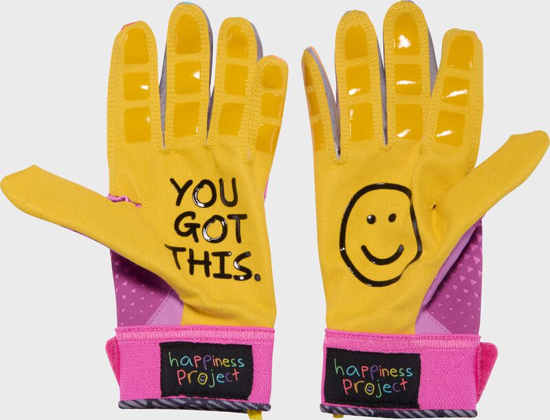 Yellow palms of a pair of pink Easton x Happiness Project Ghost NX fastpitch batting gloves