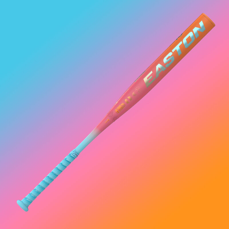 View two of an Easton Ghost OG Rainbow Sherbet Fastpitch bat with a blue, pink, & orange background