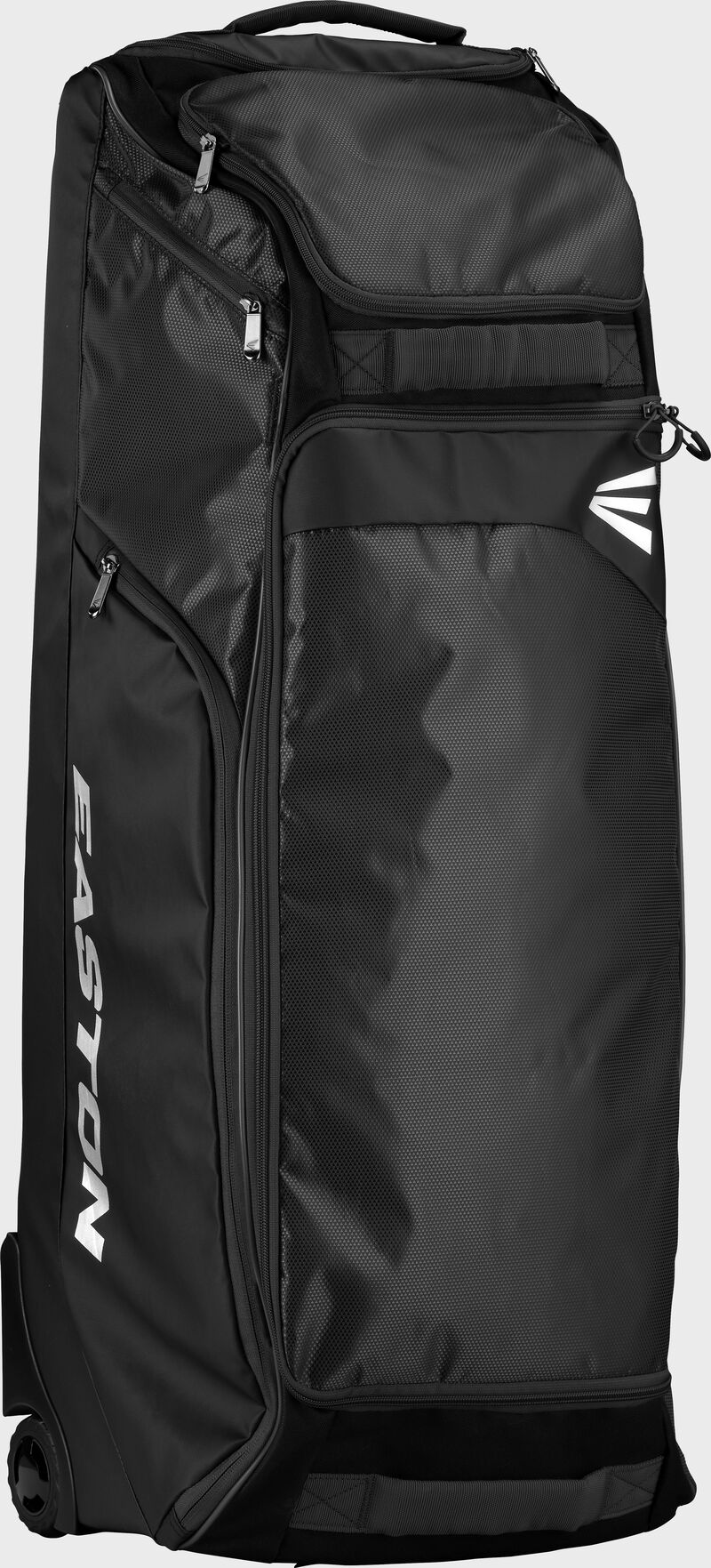 A black dugout wheeled bag standing up