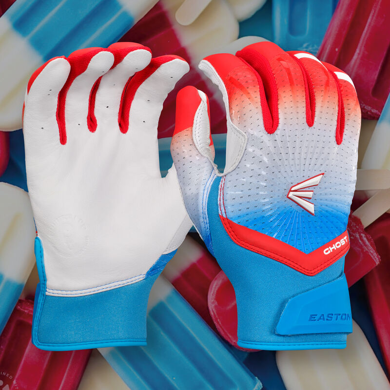 A pair of red/white/blue Easton Rocket Pop Ghost Ethos fastpitch batting gloves with a Rocket Pop theme background