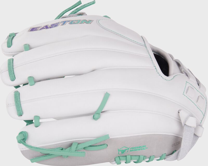 White back of a white/mint Easton Professional Collection 11.5" fastpitch softball glove loading=