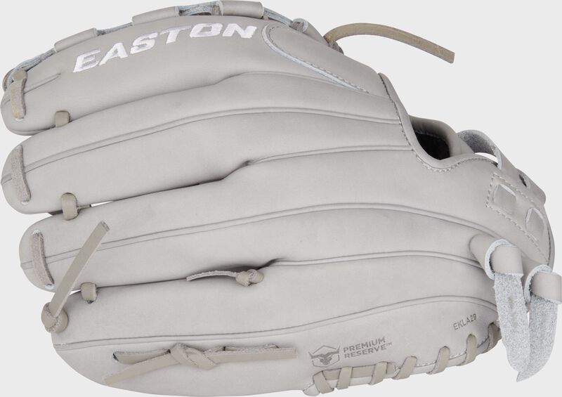 Grey back of an Easton Professional Collection Color Splash 12" fastpitch glove