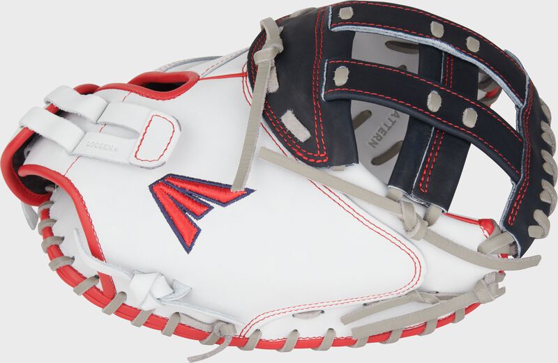 Thumb of a red/white/navy Professional Collection Color Splash 34” fastpitch catcher’s mitt with a navy H-web