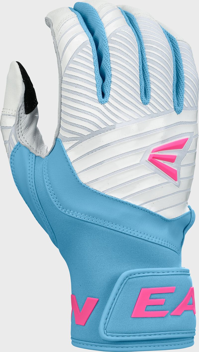 Back of a right hand Columbia blue/white/pink Walk-Off Ethos Pool Party batting glove