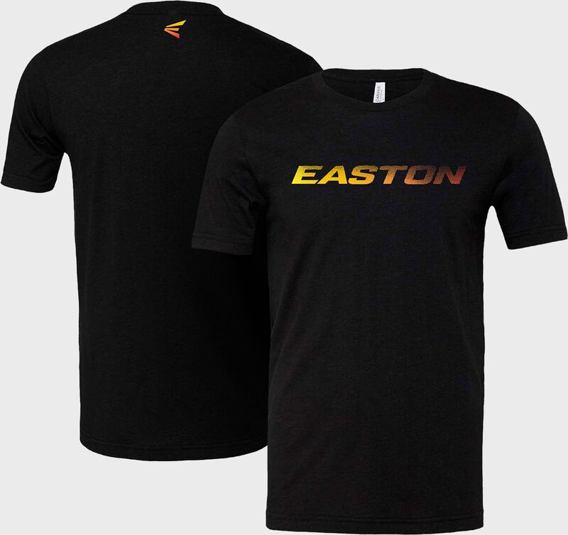Picture showing the front & back of a black Easton logo t-shirt with a gold fade logo