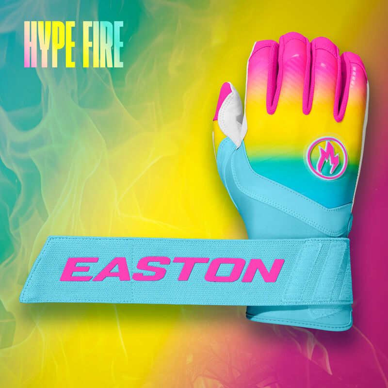 Back of an Eason Walk-Off Ethos Locked-In Fire batting glove with the long wrist strap extended with a matching design background loading=
