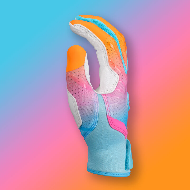 Thumb of a orange/blue/white Easton Rainbow Sherbet Ghost Ethos fastpitch batting glove with a rainbow sherbet theme background
