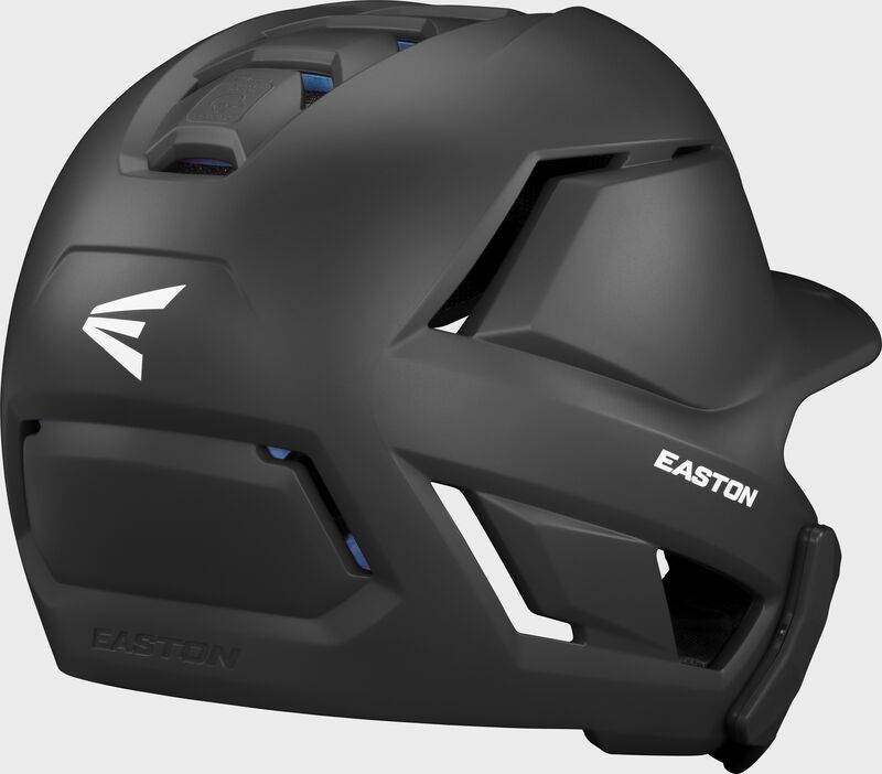 Back right of a black Easton Z50 batting helmet with mult-adjust jaw guard