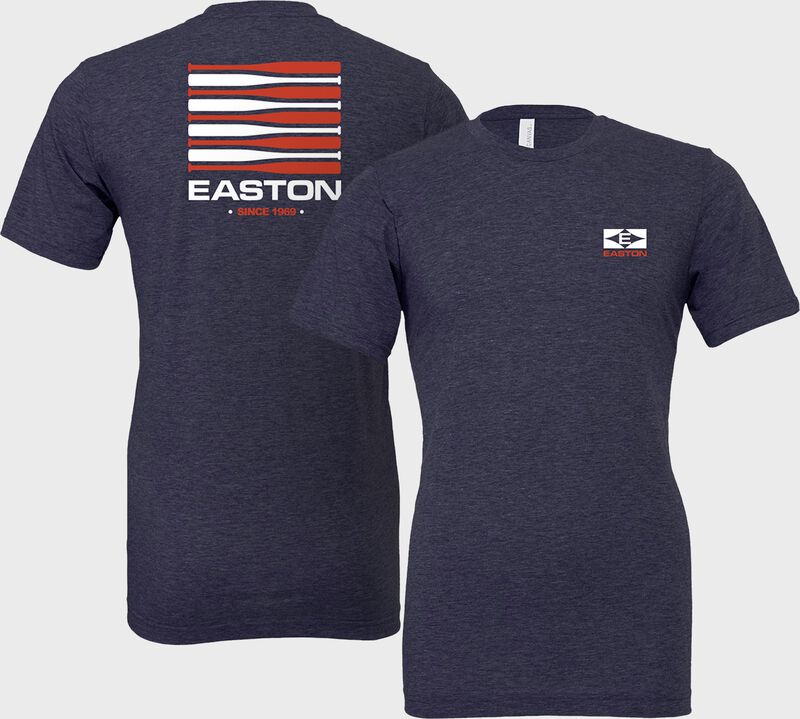 Picture showing the front and back of a heather navy Easton Retro bat flag t-shirt