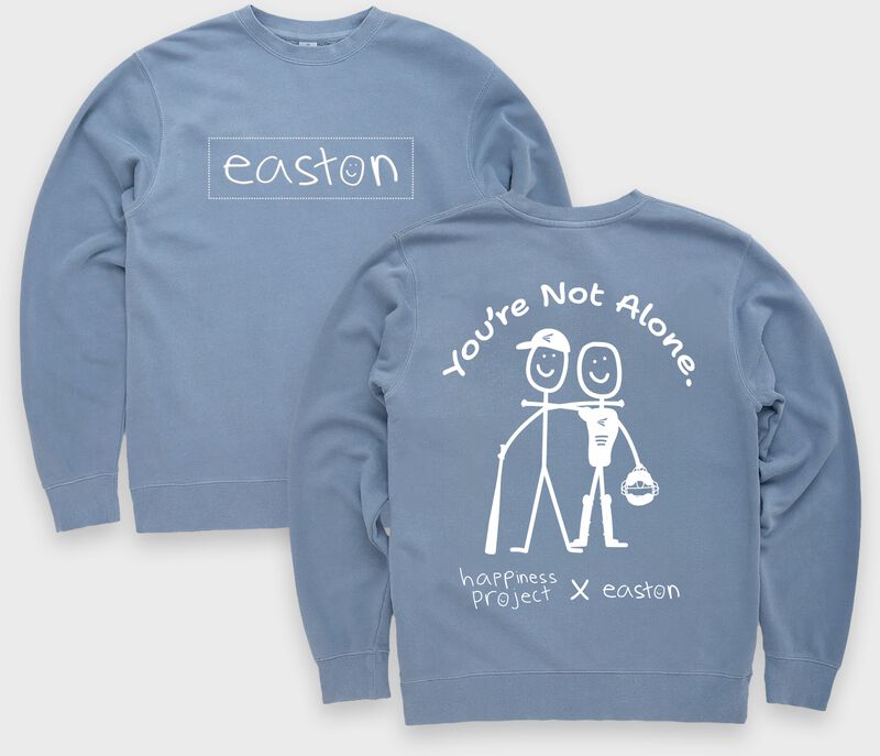 Two images showing the front & back of a powder blue Easton Happiness Project "You're Not Alone" crew neck