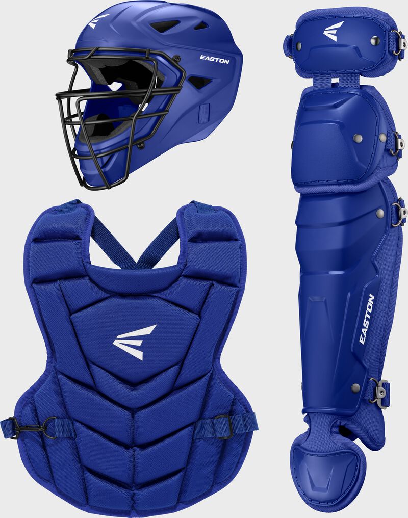 A royal Easton Black Magic 3.0 youth Catcher's set with a helmet, chest protector, and leg guard loading=