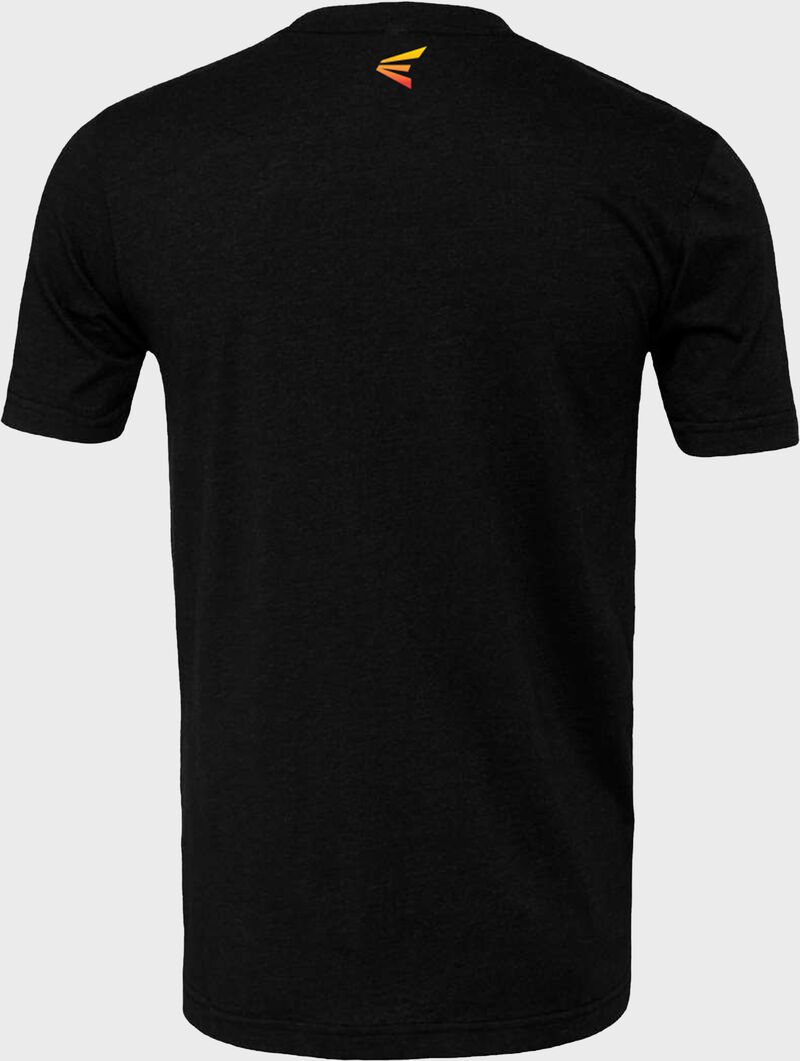 Back of a black Easton logo t-shirt with a gold "E" logo below the collar