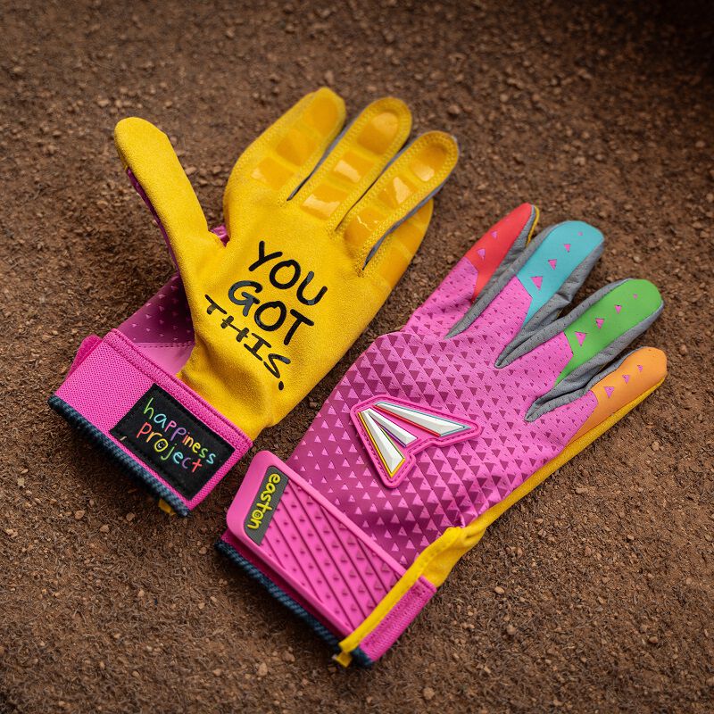 Picture of a pair of pink Easton x Happiness Project Ghost NX fastpitch batting gloves showing the palm on one and back of the other