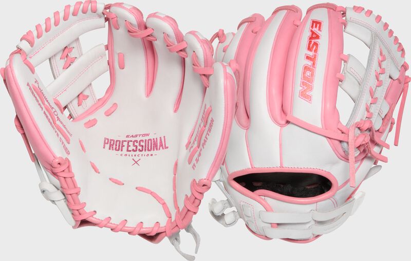 Two images showing the back & palm of a white/pink Easton Professional Collection 11.75" fastpitch softball glove