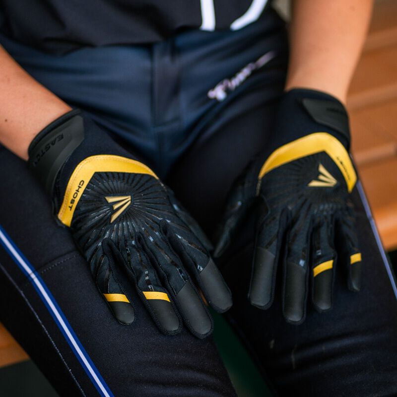 Picture of a player wearing black Ghost Ethos Midnight Sky fastpitch batting gloves