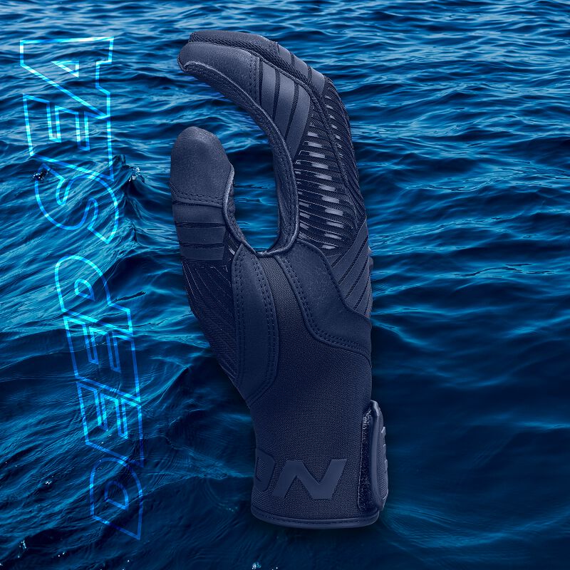 Thumb of a navy Easton Walk-Off Ethos Deep Sea batting glove with a "Deep Sea" background