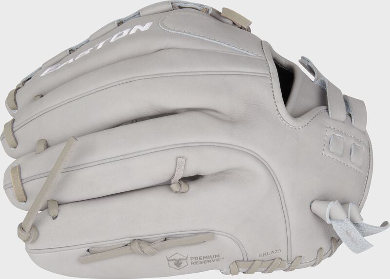 Grey back of an Easton Professional Collection Color Splash 12.5” fastpitch glove