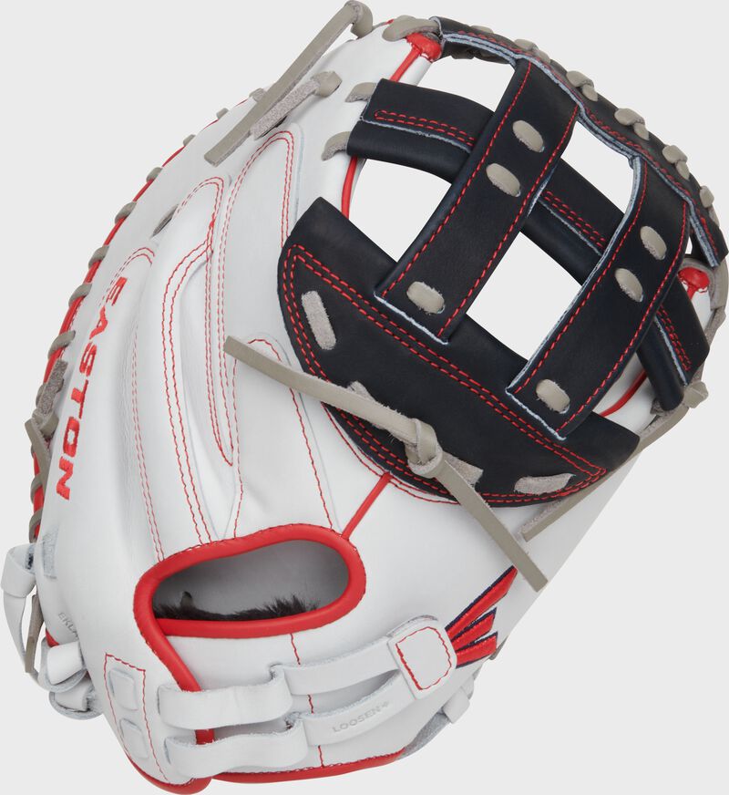 Back of a red/white/navy Professional Collection Color Splash 34” fastpitch catcher’s mitt