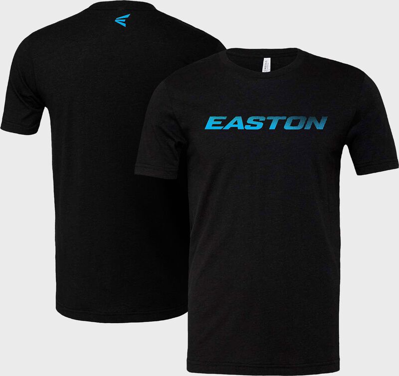 Picture showing the front & back of a black Easton logo t-shirt with a blue fade logo