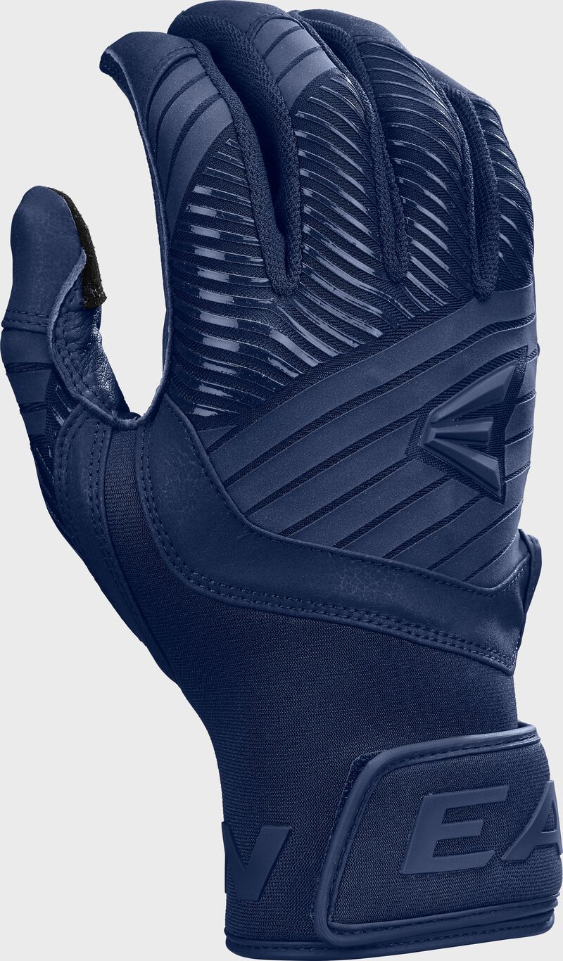 Back of a right hand navy Walk-Off Ethos batting glove