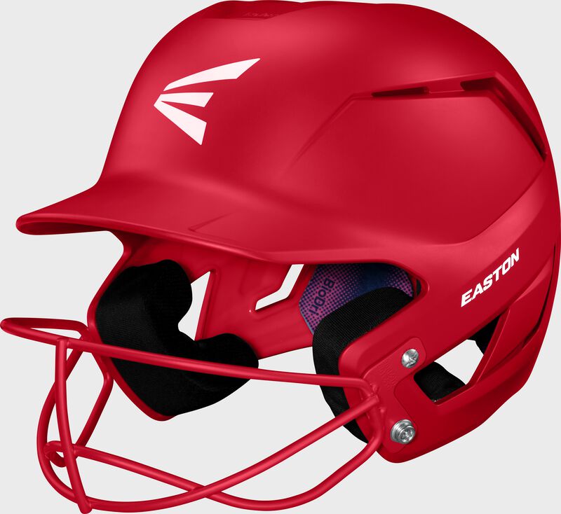 Front left of a scarlet Easton Z50 fastpitch batting helmet loading=