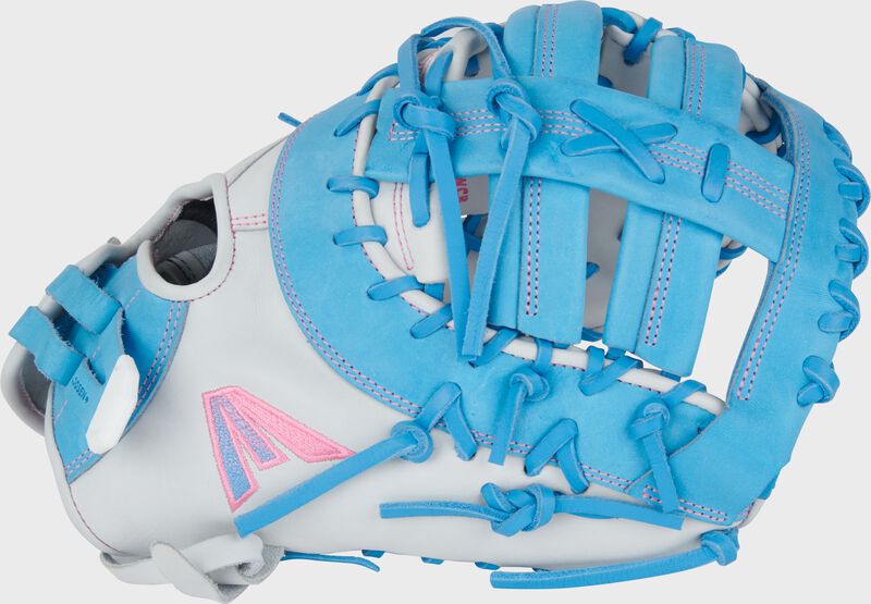 White thumb of a white/Columbia blue Easton Professional Collection 13" fastpitch 1st base mitt with a Columbia blue single post, double bar web