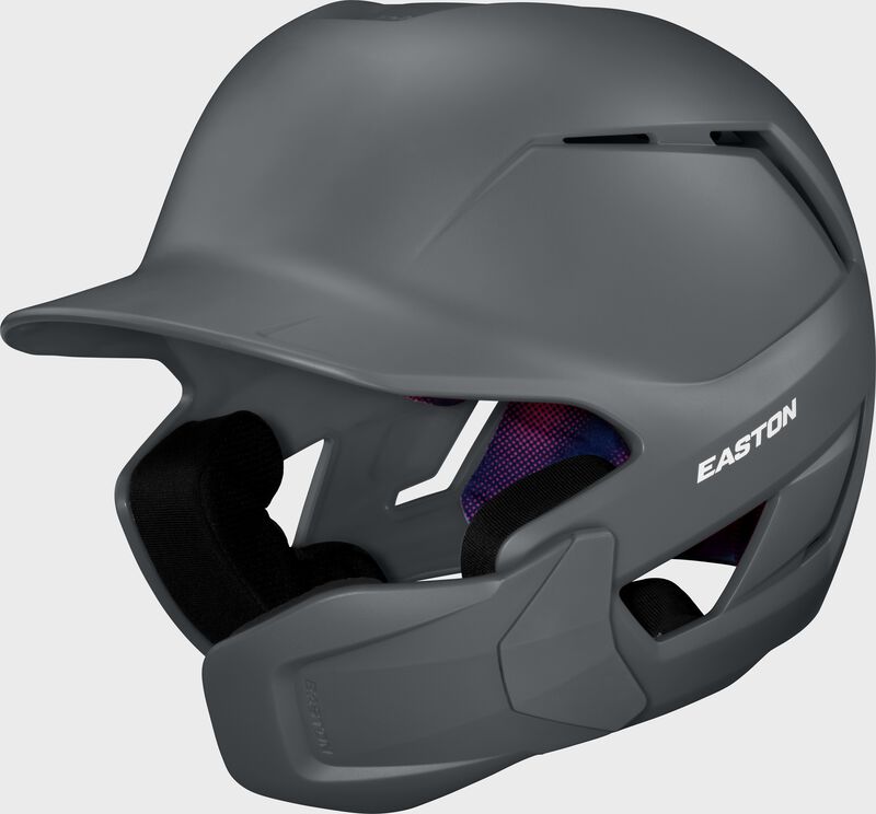 Front left of a charcoal Easton Z50 batting helmet with mult-adjust jaw guard with no "E" logo on the front