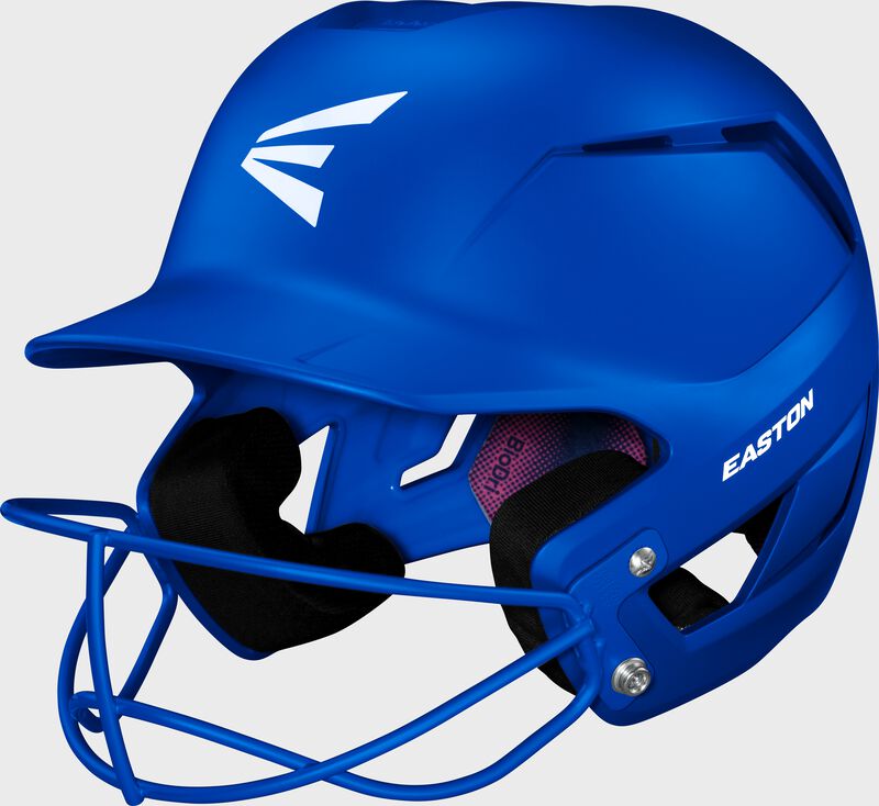 Front left of a royal Easton Z50 fastpitch batting helmet