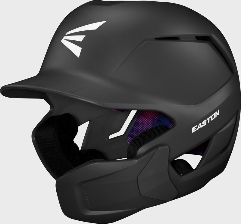 Front left of a black Easton Z50 batting helmet with mult-adjust jaw guard loading=