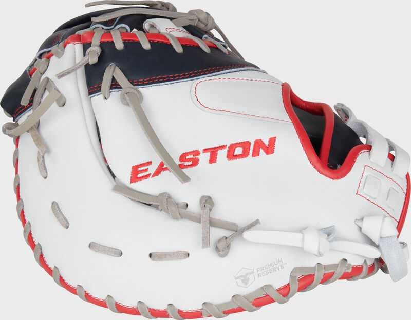 White back of an Easton Professional Collection Color Splash 13” fastpitch 1st base mitt