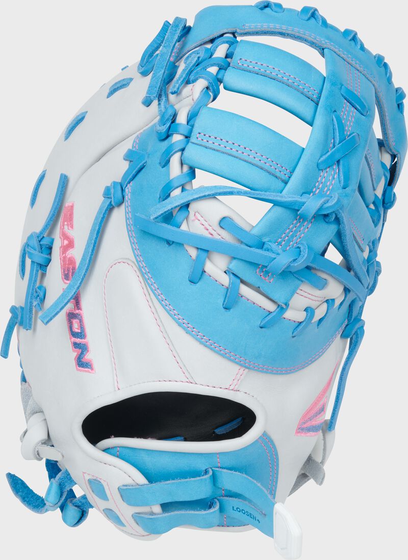 Back of a white/Columbia blue Easton Professional Collection 13" fastpitch 1st base mitt loading=