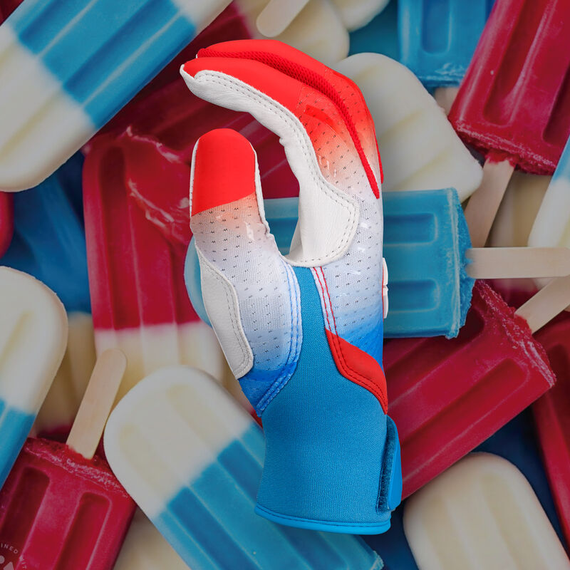 Thumb of a red/white/blue Easton Rocket Pop Ghost Ethos fastpitch batting glove with a Rocket Pop theme background loading=