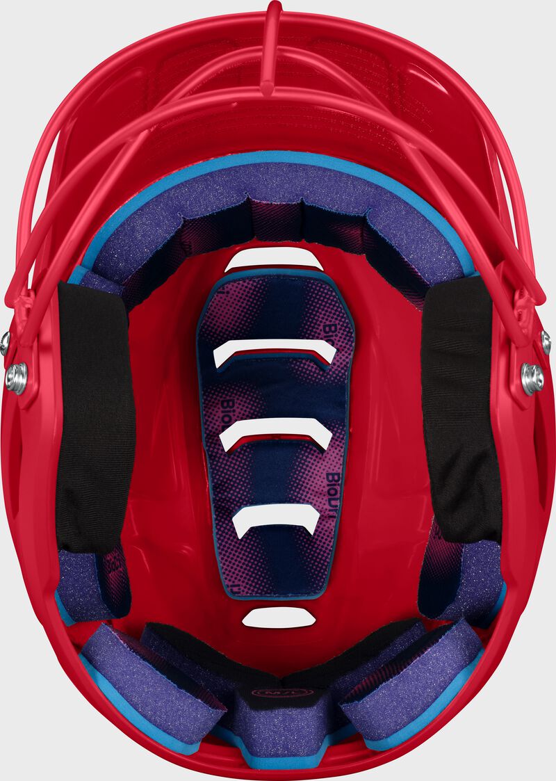 Inside padding of a scarlet Easton Z50 fastpitch batting helmet loading=
