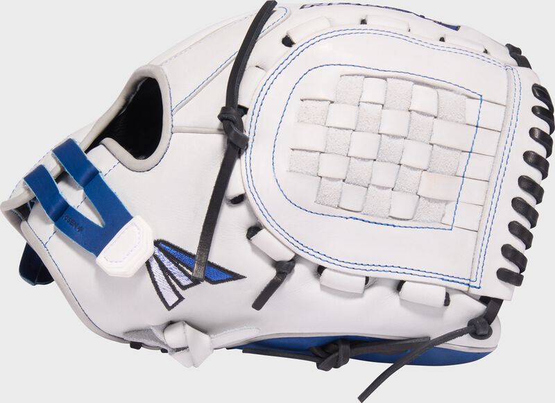 Thumb of a white/royal Easton Professional Collection 12.5" fastpitch softball glove with a white Basket web loading=