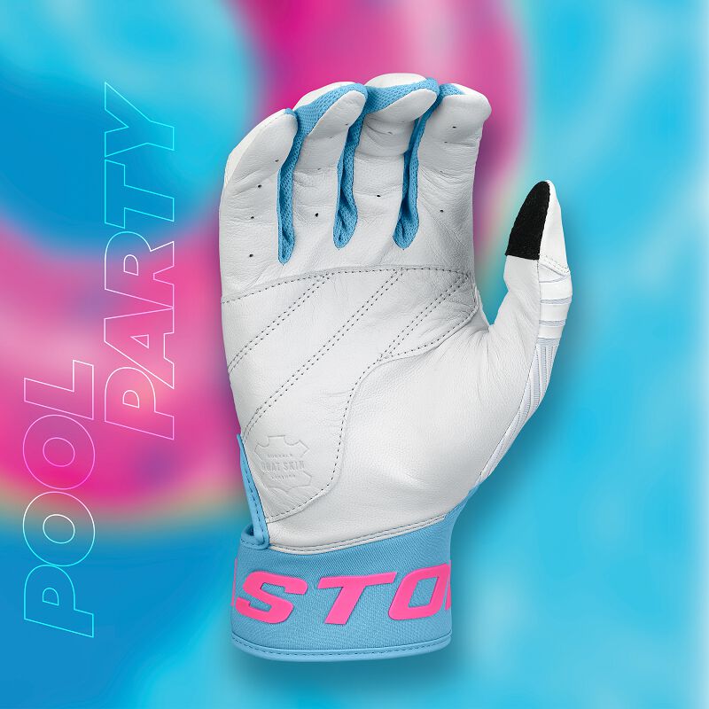 White palm of a Walk-Off Ethos Pool Party batting glove with a "Pool Party" background