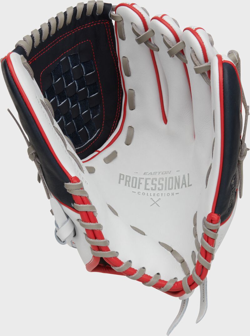 White palm of an Easton Professional Collection Color Splash fastpitch glove with grey laces