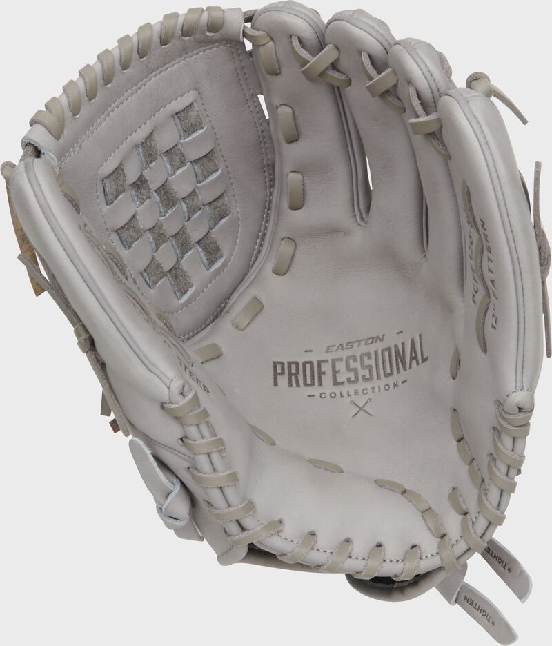 Grey palm of an Easton Professional Collection Color Splash fastpitch glove with grey laces