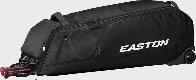 A black dugout wheeled bag laying down