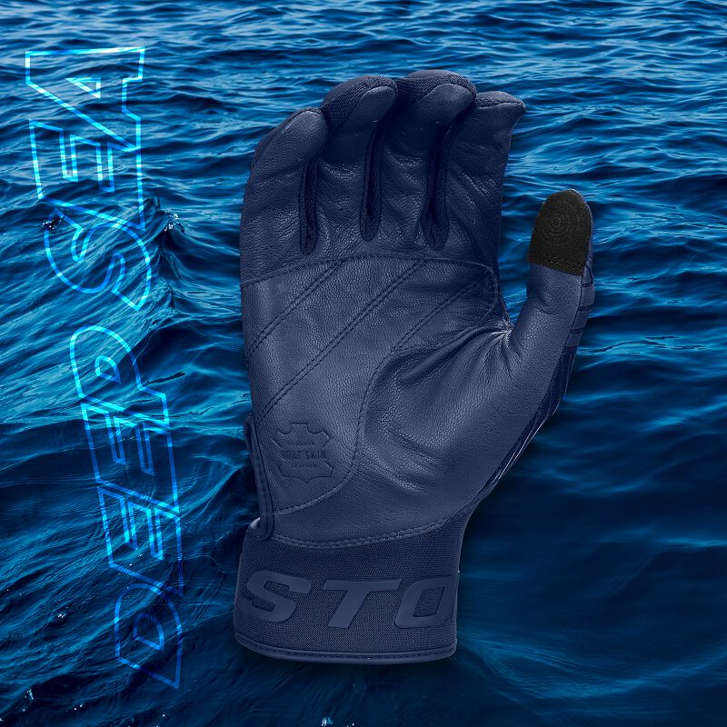 Palm of a navy Easton Walk-Off Ethos Deep Sea batting glove with a "Deep Sea" background