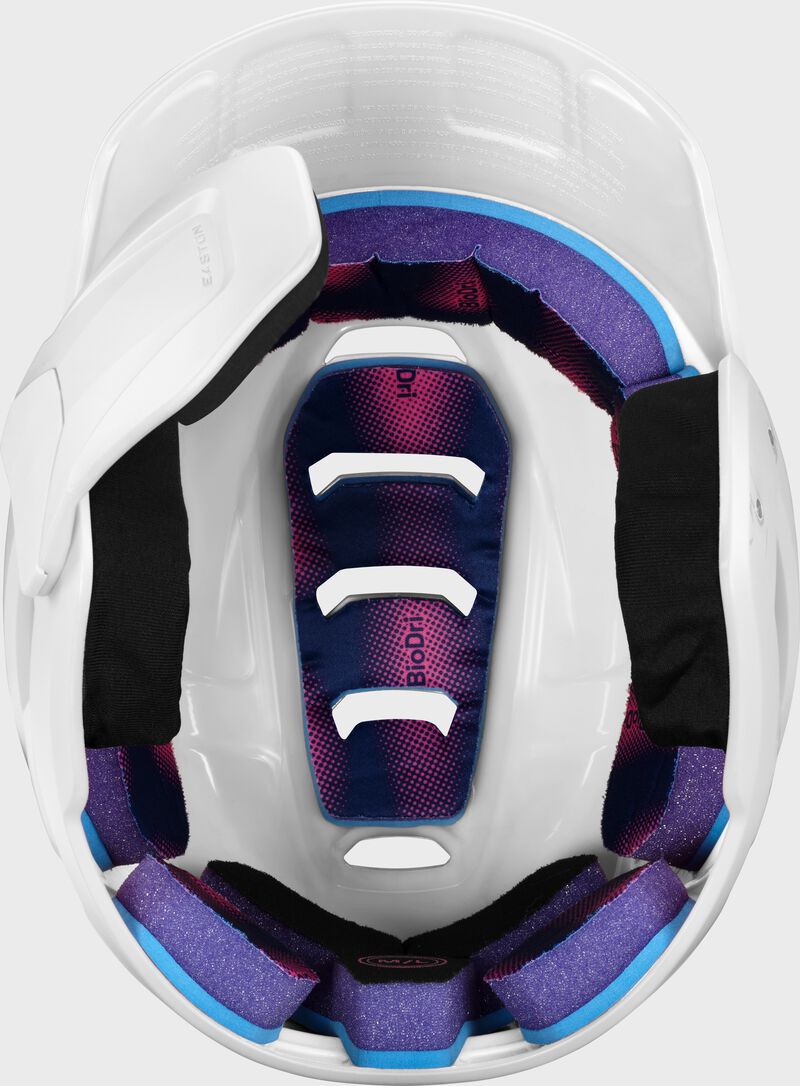 Inside padding of a white Easton Z50 batting helmet with mult-adjust jaw guard loading=
