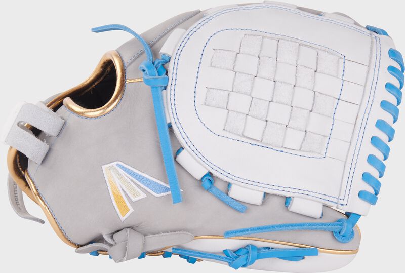 Gray thumb of a white/gray Easton Professional Collection 12" fastpitch softball glove with a white Basket web