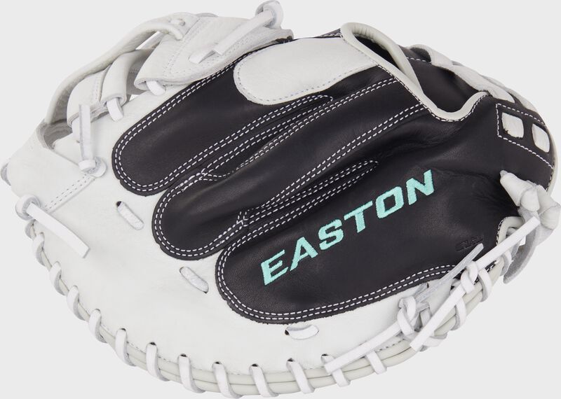 Black back of a black/white Easton Fundamental Fastpitch 33" fastpitch catcher's mitt