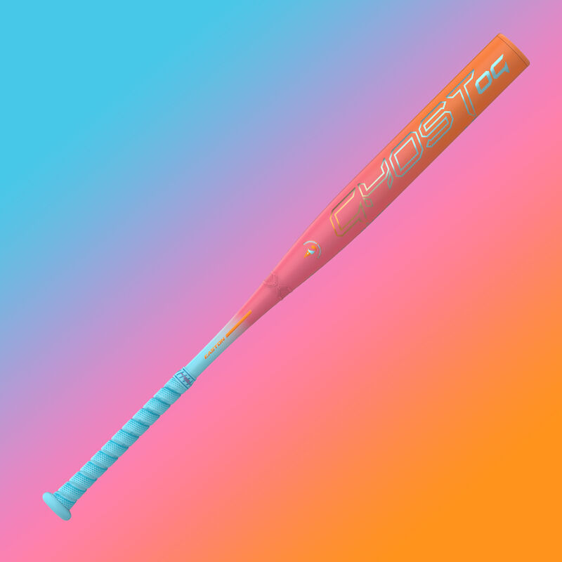 Main view of an Easton Ghost OG Rainbow Sherbet Fastpitch bat with a blue, pink, & orange background