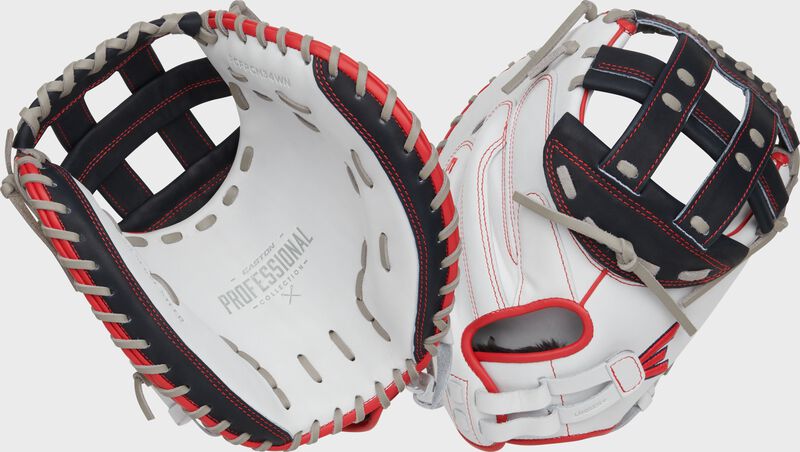 2 images showing the back & palm of a red/white/navy 34” Easton Professional Collection Color Splash catcher’s mitt